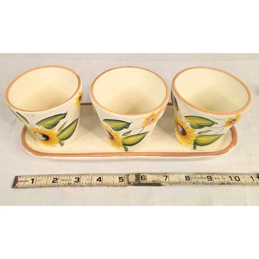 Sunflower Ceramic Planter Set 3 Pots with‎ Tray Herb Garden Cream Yellow